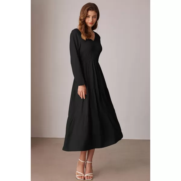 imageGRACE KARIN Long Sleeve Dresses for Women V Neck Smocked Tiered ALine Dress Formal Cocktail Wedding Guest Maxi DressBlack