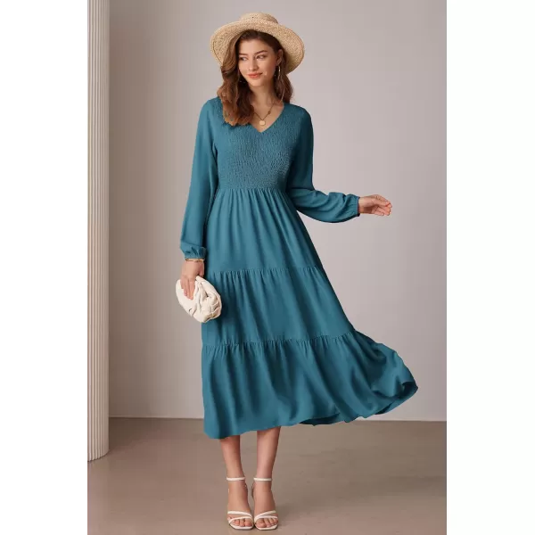 imageGRACE KARIN Long Sleeve Dresses for Women V Neck Smocked Tiered ALine Dress Formal Cocktail Wedding Guest Maxi DressBlue Green