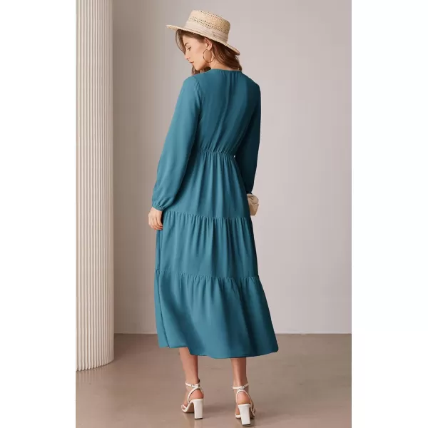 imageGRACE KARIN Long Sleeve Dresses for Women V Neck Smocked Tiered ALine Dress Formal Cocktail Wedding Guest Maxi DressBlue Green