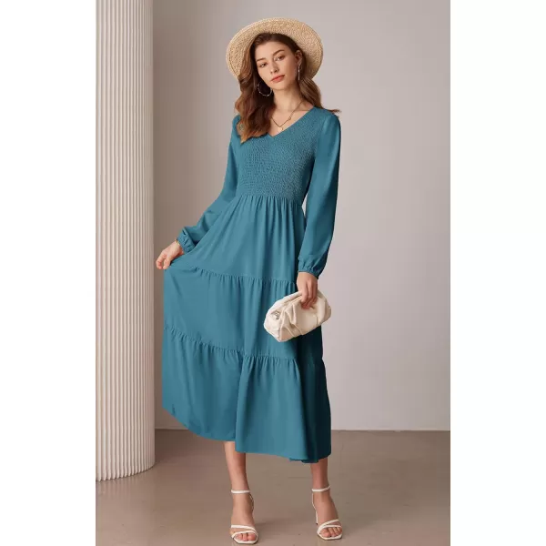 imageGRACE KARIN Long Sleeve Dresses for Women V Neck Smocked Tiered ALine Dress Formal Cocktail Wedding Guest Maxi DressBlue Green