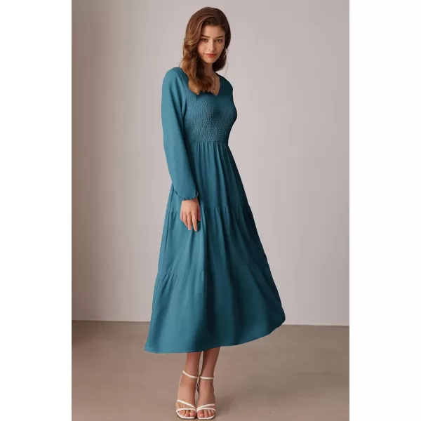 imageGRACE KARIN Long Sleeve Dresses for Women V Neck Smocked Tiered ALine Dress Formal Cocktail Wedding Guest Maxi DressBlue Green