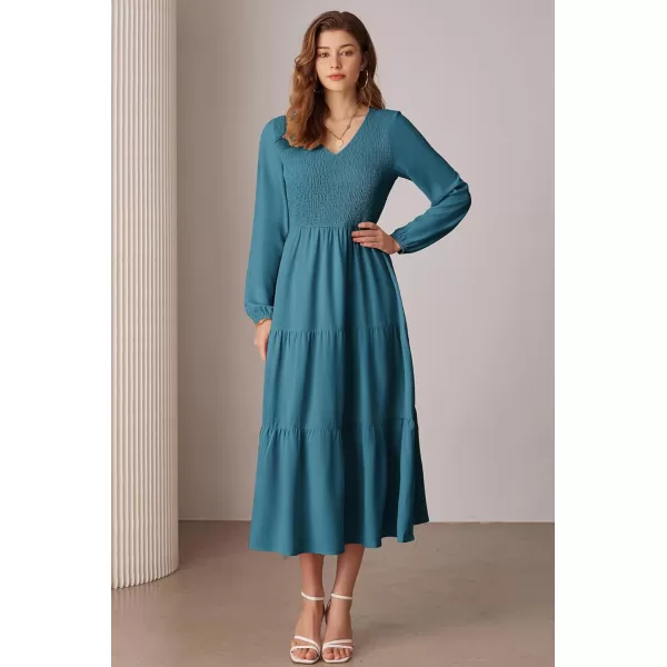 imageGRACE KARIN Long Sleeve Dresses for Women V Neck Smocked Tiered ALine Dress Formal Cocktail Wedding Guest Maxi DressBlue Green