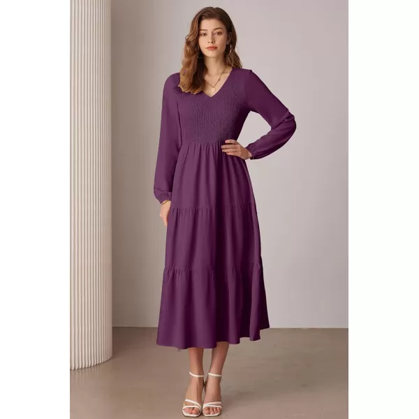 imageGRACE KARIN Long Sleeve Dresses for Women V Neck Smocked Tiered ALine Dress Formal Cocktail Wedding Guest Maxi DressDark Purple