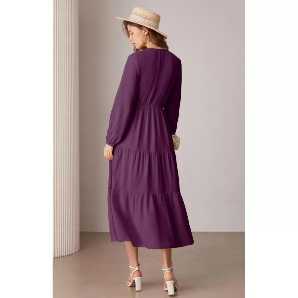 imageGRACE KARIN Long Sleeve Dresses for Women V Neck Smocked Tiered ALine Dress Formal Cocktail Wedding Guest Maxi DressDark Purple