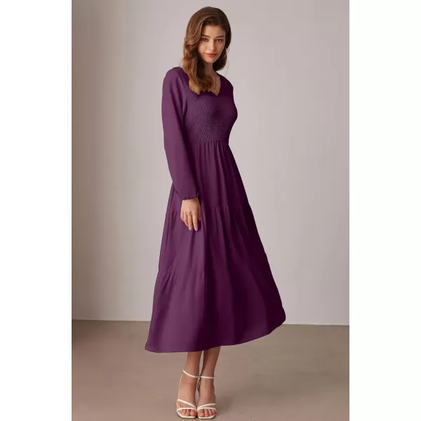 imageGRACE KARIN Long Sleeve Dresses for Women V Neck Smocked Tiered ALine Dress Formal Cocktail Wedding Guest Maxi DressDark Purple