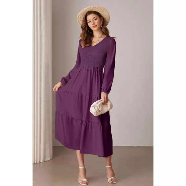 imageGRACE KARIN Long Sleeve Dresses for Women V Neck Smocked Tiered ALine Dress Formal Cocktail Wedding Guest Maxi DressDark Purple