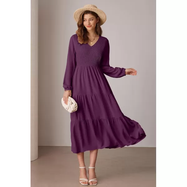 imageGRACE KARIN Long Sleeve Dresses for Women V Neck Smocked Tiered ALine Dress Formal Cocktail Wedding Guest Maxi DressDark Purple