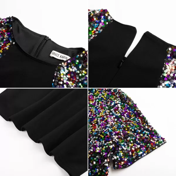 imageGRACE KARIN Women Sequin Stitching Bodycon Dress Short Sleeve Knee Length for Cocktail Party ClubBlackcolorful