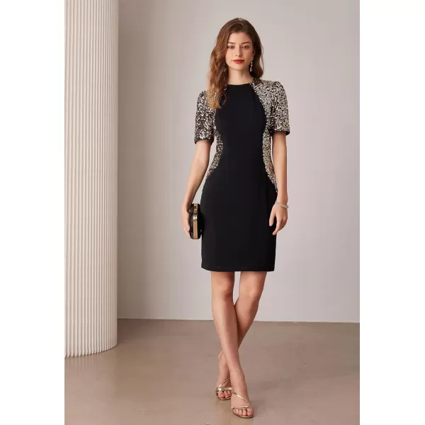 imageGRACE KARIN Women Sequin Stitching Bodycon Dress Short Sleeve Knee Length for Cocktail Party ClubBlackgold