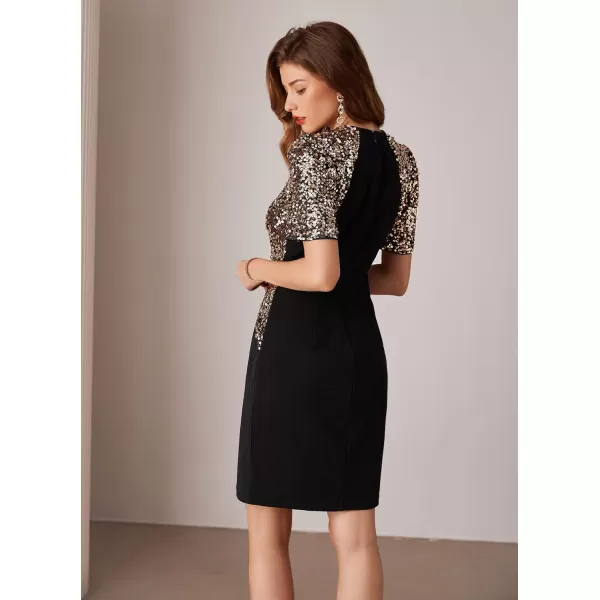 imageGRACE KARIN Women Sequin Stitching Bodycon Dress Short Sleeve Knee Length for Cocktail Party ClubBlackgold