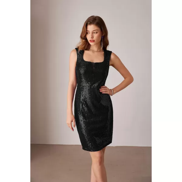 imageGRACE KARIN Women Sleeveless Sparkly Glitter Sequin Dress Square Neck Bodycon Above Knee Length Formal Cocktail DressBlack