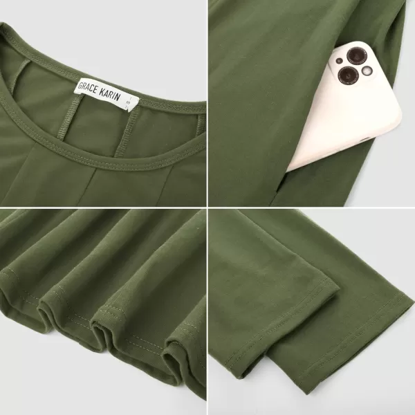 imageGRACE KARIN Womens 2024 Fall Trendy Crew Neck 34 Sleeve A Line Flowy Casual Midi Dress with PocketsArmy Green