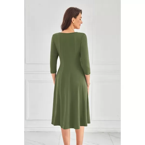 imageGRACE KARIN Womens 2024 Fall Trendy Crew Neck 34 Sleeve A Line Flowy Casual Midi Dress with PocketsArmy Green