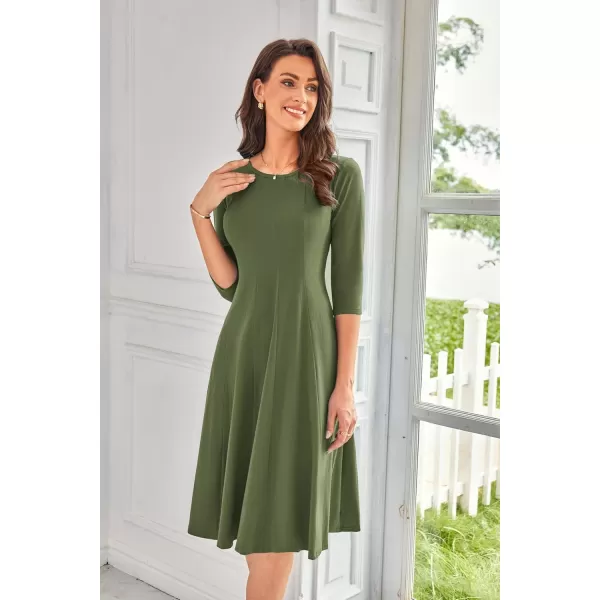 imageGRACE KARIN Womens 2024 Fall Trendy Crew Neck 34 Sleeve A Line Flowy Casual Midi Dress with PocketsArmy Green