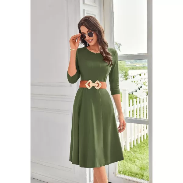 imageGRACE KARIN Womens 2024 Fall Trendy Crew Neck 34 Sleeve A Line Flowy Casual Midi Dress with PocketsArmy Green