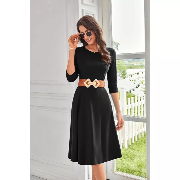 imageGRACE KARIN Womens 2024 Fall Trendy Crew Neck 34 Sleeve A Line Flowy Casual Midi Dress with PocketsBlack