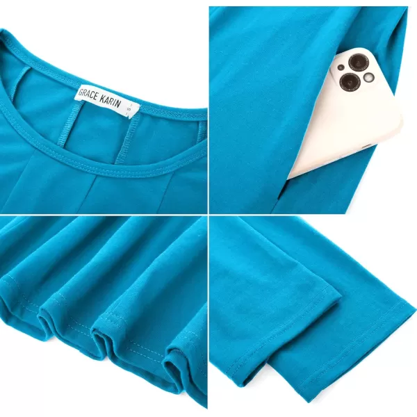 imageGRACE KARIN Womens 2024 Fall Trendy Crew Neck 34 Sleeve A Line Flowy Casual Midi Dress with PocketsBlue