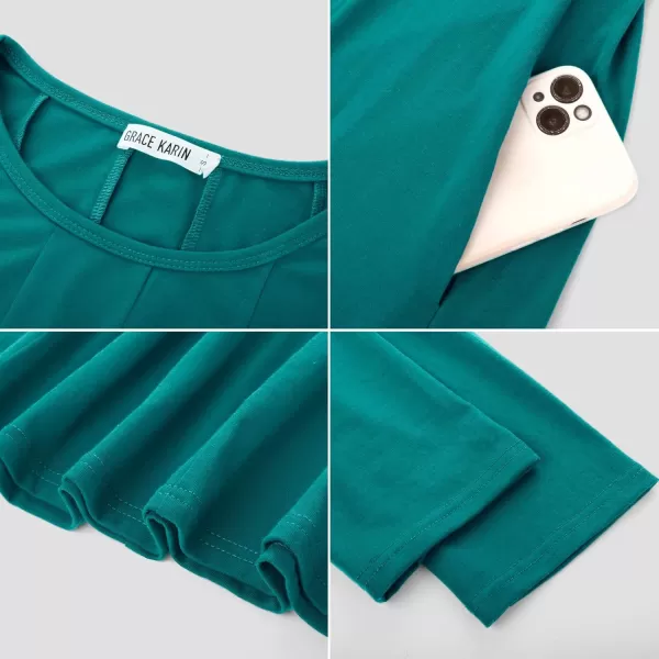 imageGRACE KARIN Womens 2024 Fall Trendy Crew Neck 34 Sleeve A Line Flowy Casual Midi Dress with PocketsBlue Green