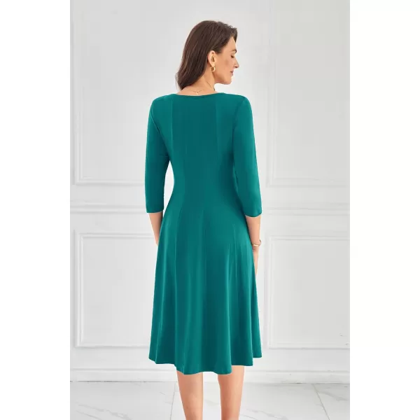 imageGRACE KARIN Womens 2024 Fall Trendy Crew Neck 34 Sleeve A Line Flowy Casual Midi Dress with PocketsBlue Green