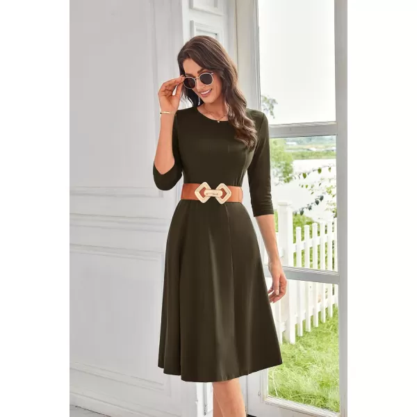 imageGRACE KARIN Womens 2024 Fall Trendy Crew Neck 34 Sleeve A Line Flowy Casual Midi Dress with PocketsCoffee