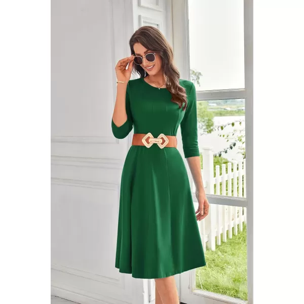 imageGRACE KARIN Womens 2024 Fall Trendy Crew Neck 34 Sleeve A Line Flowy Casual Midi Dress with PocketsDark Dreen