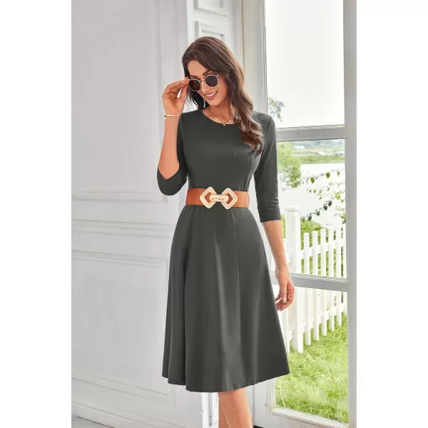 imageGRACE KARIN Womens 2024 Fall Trendy Crew Neck 34 Sleeve A Line Flowy Casual Midi Dress with PocketsDark Grey