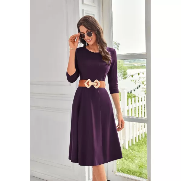 imageGRACE KARIN Womens 2024 Fall Trendy Crew Neck 34 Sleeve A Line Flowy Casual Midi Dress with PocketsDark Purple