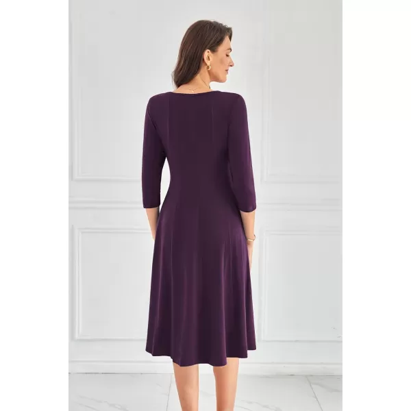 imageGRACE KARIN Womens 2024 Fall Trendy Crew Neck 34 Sleeve A Line Flowy Casual Midi Dress with PocketsDark Purple