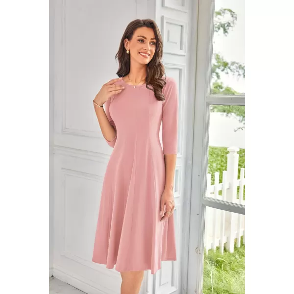 imageGRACE KARIN Womens 2024 Fall Trendy Crew Neck 34 Sleeve A Line Flowy Casual Midi Dress with PocketsDusty Pink