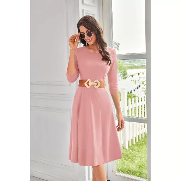 imageGRACE KARIN Womens 2024 Fall Trendy Crew Neck 34 Sleeve A Line Flowy Casual Midi Dress with PocketsDusty Pink