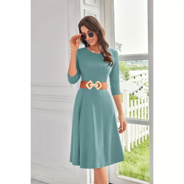 imageGRACE KARIN Womens 2024 Fall Trendy Crew Neck 34 Sleeve A Line Flowy Casual Midi Dress with PocketsLake Blue