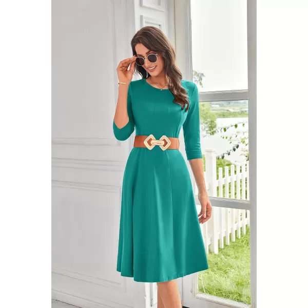 imageGRACE KARIN Womens 2024 Fall Trendy Crew Neck 34 Sleeve A Line Flowy Casual Midi Dress with PocketsLake Green