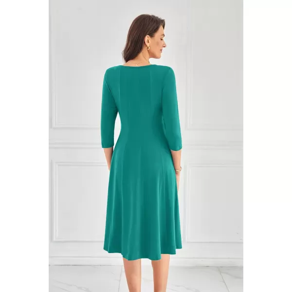 imageGRACE KARIN Womens 2024 Fall Trendy Crew Neck 34 Sleeve A Line Flowy Casual Midi Dress with PocketsLake Green