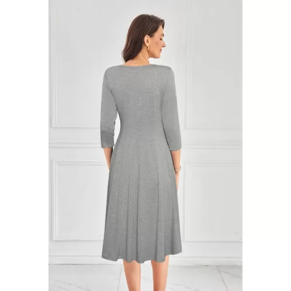 imageGRACE KARIN Womens 2024 Fall Trendy Crew Neck 34 Sleeve A Line Flowy Casual Midi Dress with PocketsLight Grey