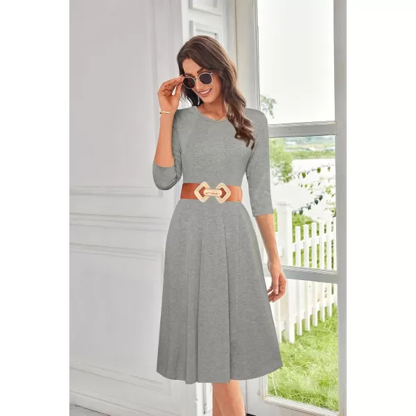 imageGRACE KARIN Womens 2024 Fall Trendy Crew Neck 34 Sleeve A Line Flowy Casual Midi Dress with PocketsLight Grey