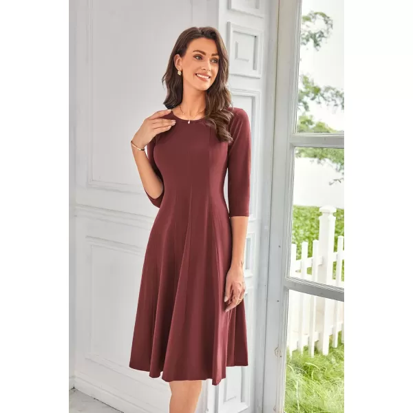 imageGRACE KARIN Womens 2024 Fall Trendy Crew Neck 34 Sleeve A Line Flowy Casual Midi Dress with PocketsMaroon