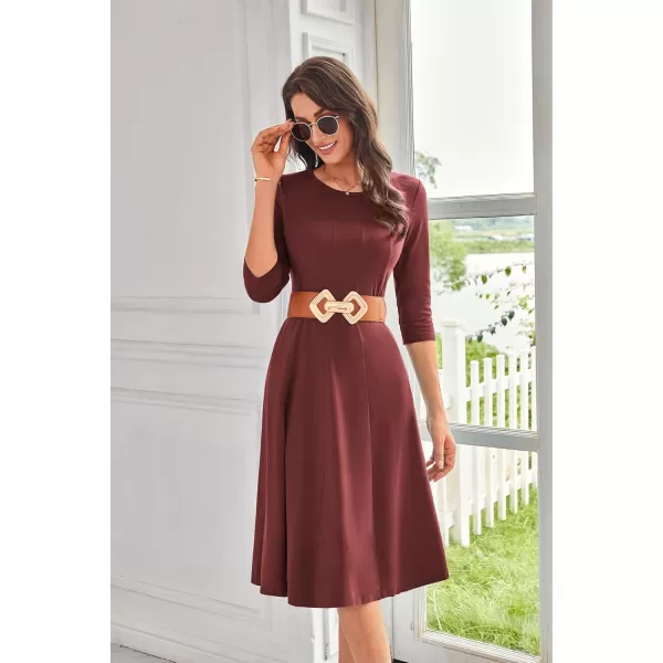 imageGRACE KARIN Womens 2024 Fall Trendy Crew Neck 34 Sleeve A Line Flowy Casual Midi Dress with PocketsMaroon