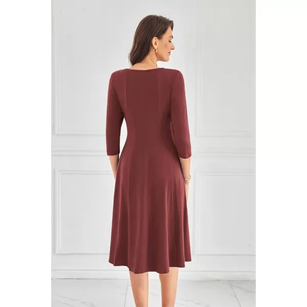 imageGRACE KARIN Womens 2024 Fall Trendy Crew Neck 34 Sleeve A Line Flowy Casual Midi Dress with PocketsMaroon