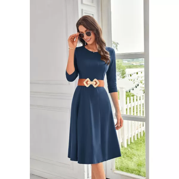 imageGRACE KARIN Womens 2024 Fall Trendy Crew Neck 34 Sleeve A Line Flowy Casual Midi Dress with PocketsNavy Blue