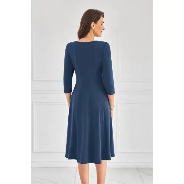 imageGRACE KARIN Womens 2024 Fall Trendy Crew Neck 34 Sleeve A Line Flowy Casual Midi Dress with PocketsNavy Blue