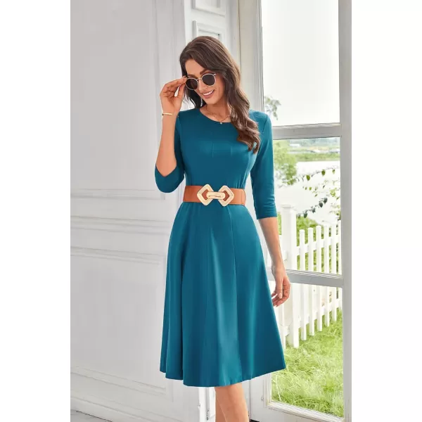 imageGRACE KARIN Womens 2024 Fall Trendy Crew Neck 34 Sleeve A Line Flowy Casual Midi Dress with PocketsPeacock Blue