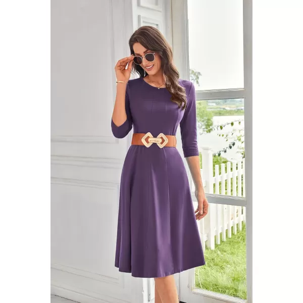 imageGRACE KARIN Womens 2024 Fall Trendy Crew Neck 34 Sleeve A Line Flowy Casual Midi Dress with PocketsPurple