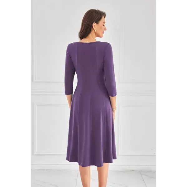 imageGRACE KARIN Womens 2024 Fall Trendy Crew Neck 34 Sleeve A Line Flowy Casual Midi Dress with PocketsPurple