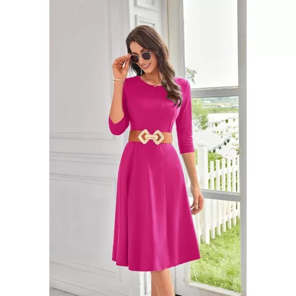 imageGRACE KARIN Womens 2024 Fall Trendy Crew Neck 34 Sleeve A Line Flowy Casual Midi Dress with PocketsRose Red