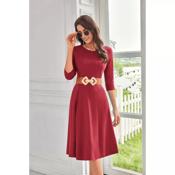 imageGRACE KARIN Womens 2024 Fall Trendy Crew Neck 34 Sleeve A Line Flowy Casual Midi Dress with PocketsWine Red