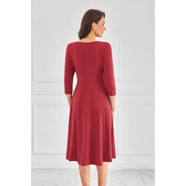 imageGRACE KARIN Womens 2024 Fall Trendy Crew Neck 34 Sleeve A Line Flowy Casual Midi Dress with PocketsWine Red