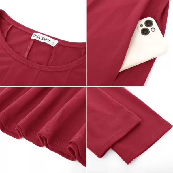 imageGRACE KARIN Womens 2024 Fall Trendy Crew Neck 34 Sleeve A Line Flowy Casual Midi Dress with PocketsWine Red