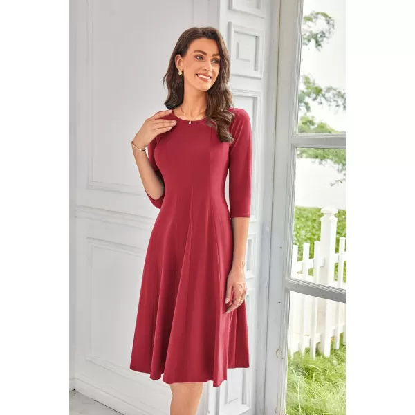 imageGRACE KARIN Womens 2024 Fall Trendy Crew Neck 34 Sleeve A Line Flowy Casual Midi Dress with PocketsWine Red