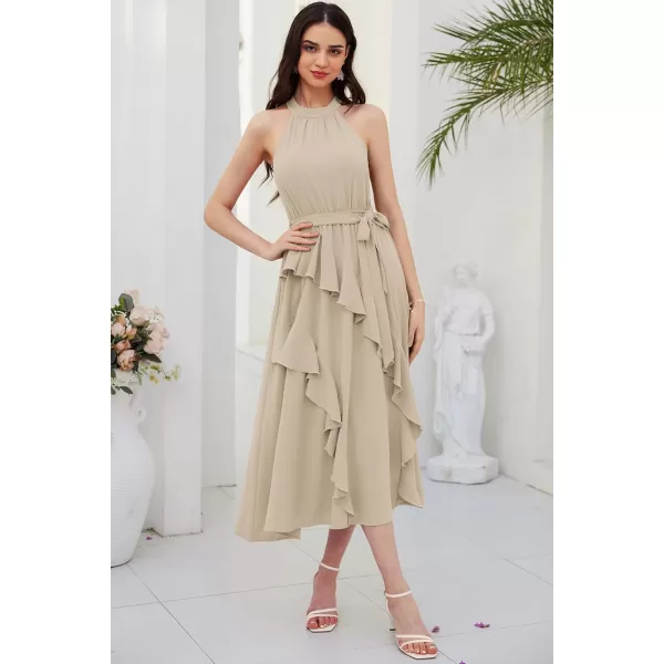 imageGRACE KARIN Womens 2024 Summer Sleeveless Halter Neck Ruffle Hem Split Flowy Swing Long Midi Dress with BeltApricot