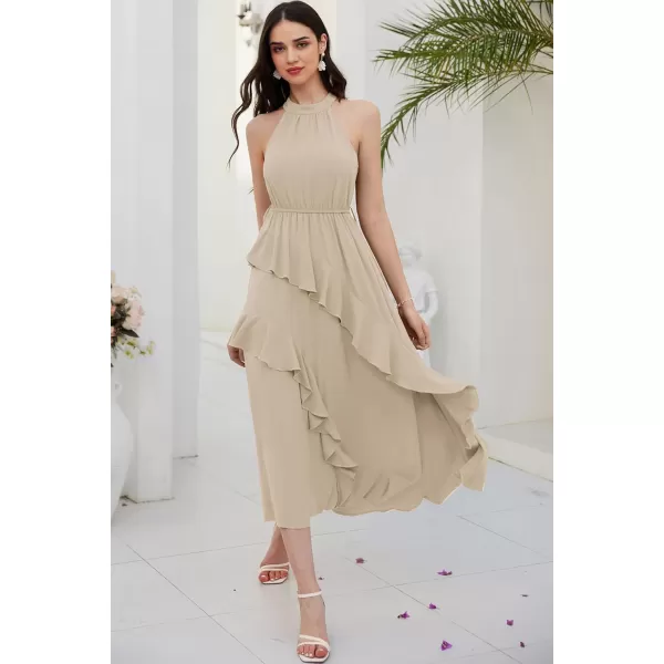 imageGRACE KARIN Womens 2024 Summer Sleeveless Halter Neck Ruffle Hem Split Flowy Swing Long Midi Dress with BeltApricot